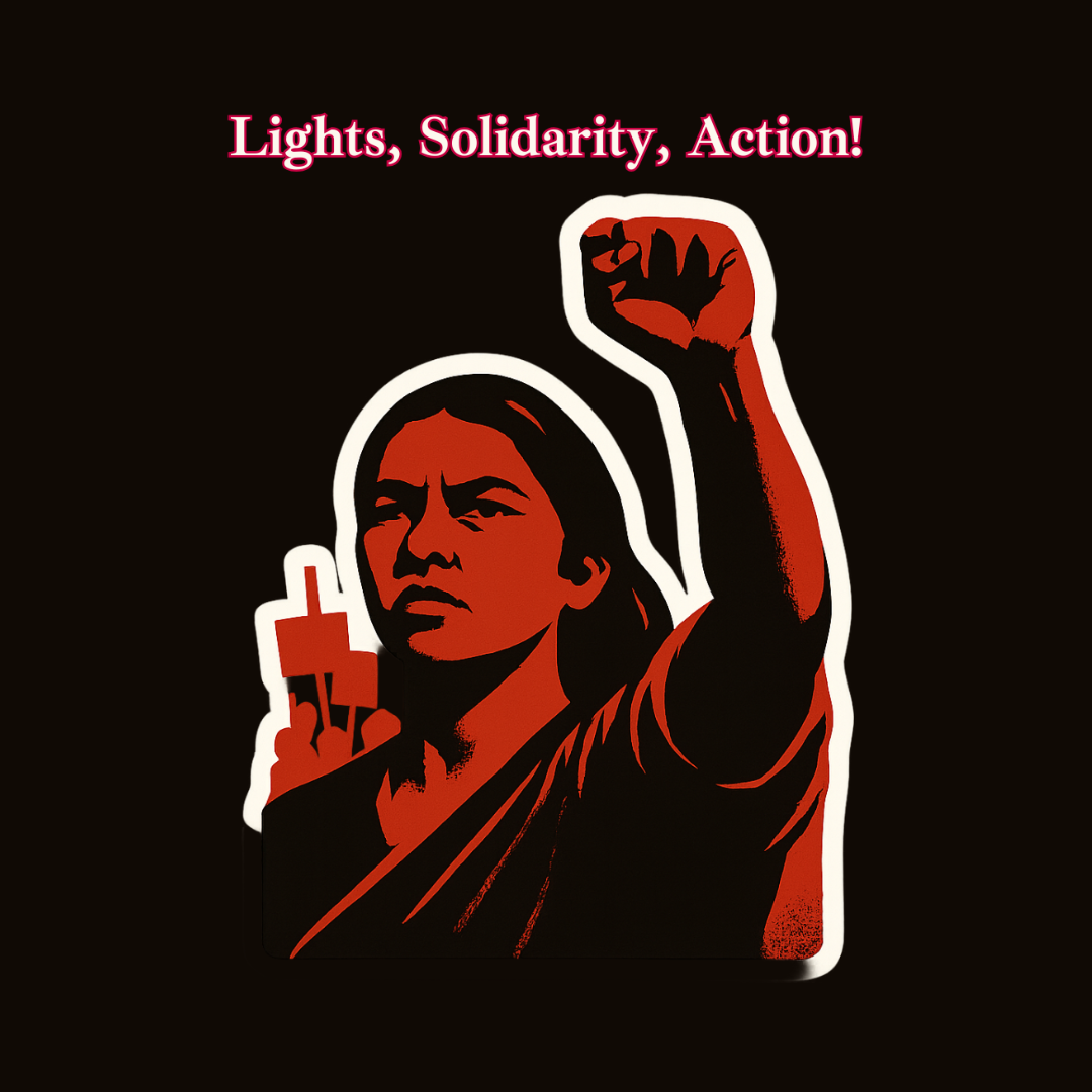 Stylized illustration of a woman with a determined expression, raising her right fist in the air as a symbol of protest and solidarity. The artwork uses bold red, black, and white tones, reminiscent of political poster art. Above her, the slogan "Lights, Solidarity, Action!" is written in bold red and white text on a black background.