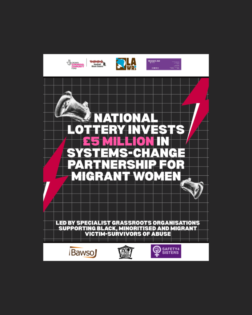 Graphic announcing £5 million National Lottery investment in a systems-change partnership supporting migrant women, led by specialist grassroots organisations, with partner logos displayed.