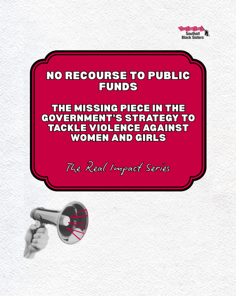 Graphic for the first blog in Southall Black Sisters’ Real Impact series on the government’s strategy to tackle violence against women and girls, with this first instalment focusing on No Recourse to Public Funds. The design features black and white text on a maroon background set against a beige textured paper.